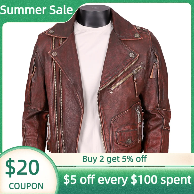 

2022 винтажная коричневая мотоциклетная куртка из натуральной кожи, мужская куртка размера плюс 4XL из натуральной толстой воловьей кожи, зимн...