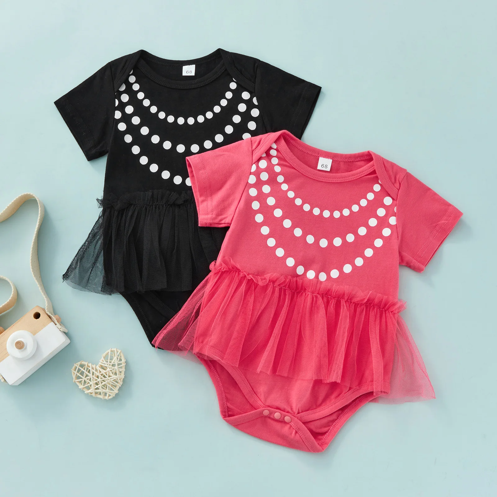 

Summer Baby Girl Romper Dot Print Short Sleeve Mesh Patchwork Bottom Snap Button Jumpsuits Clothing