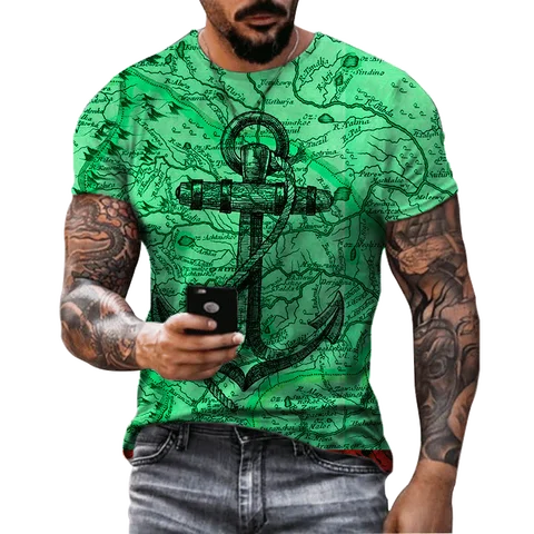 Футболка мужская в стиле ретро, Повседневная рубашка с коротким рукавом, круглым вырезом, Топ в стиле Харадзюку, с принтом лодки, якоря и карты, зеленая