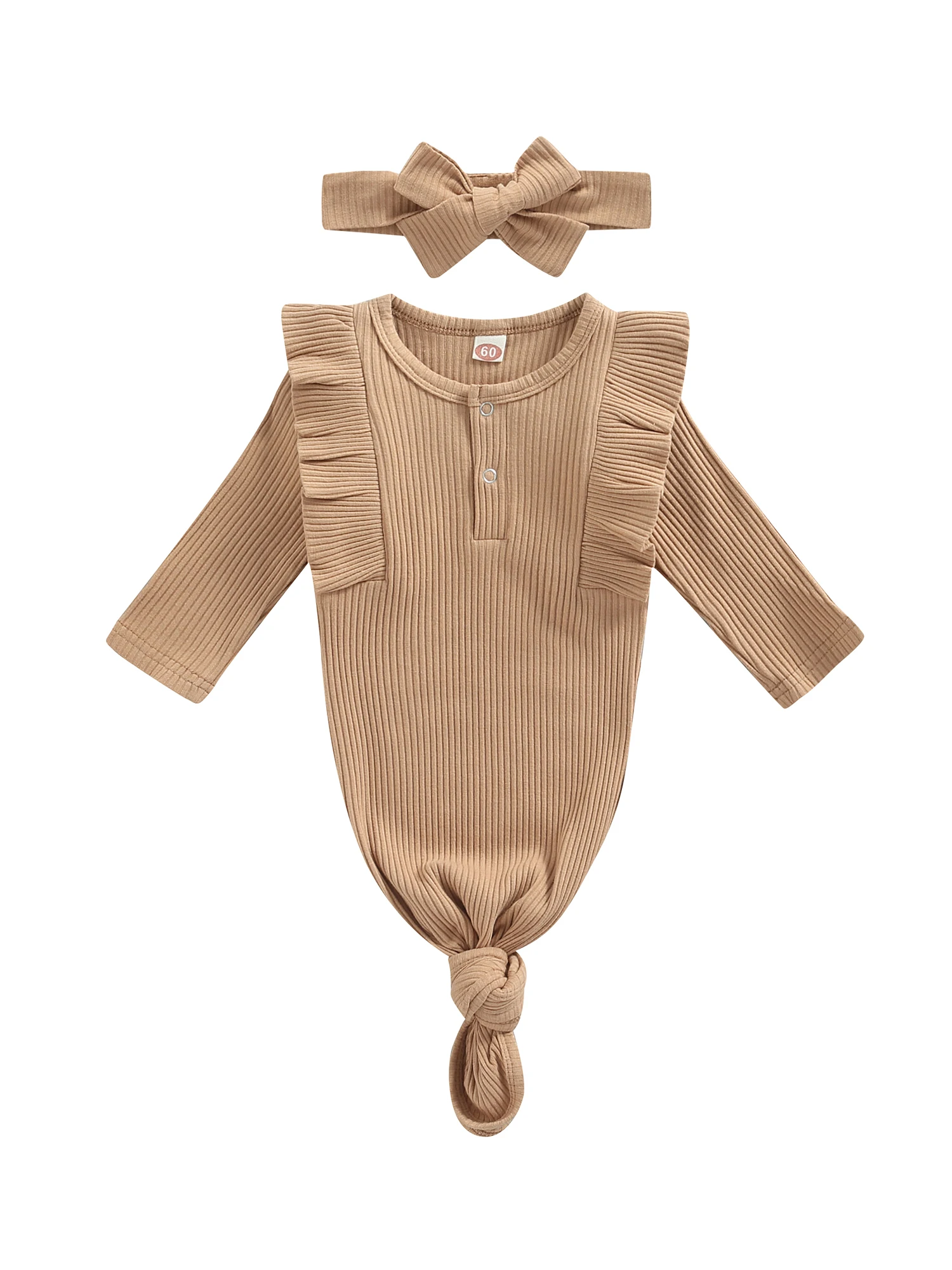 

Mubineo Newborn Baby Girl Rib Knit Ruffle Princess Sleeper Gown Headband Outfits