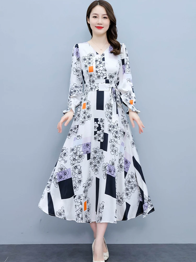 

2022 Elegant Satin Long Sleeve Dress Autumn Winter Korean New Women Casual Maxi Clothes For Vintage Bodycon Party Floral Dresses