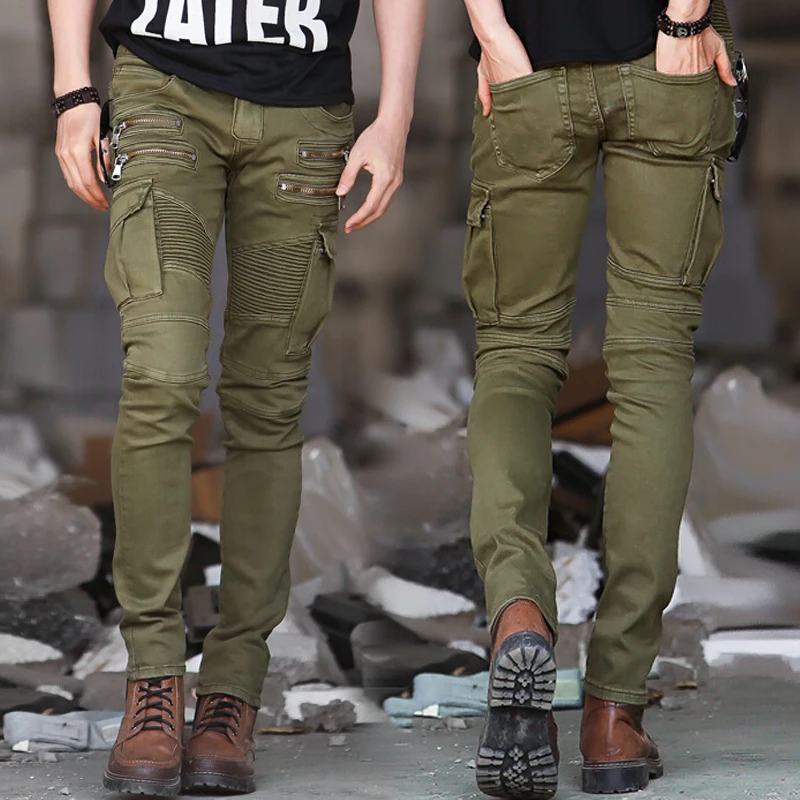 

2022 Men's Jeans Green Denim Biker Jeans Skinny Runway Distressed Slim Elastic Homme Hip Hop Military Motorcycle Cargo Pants Men