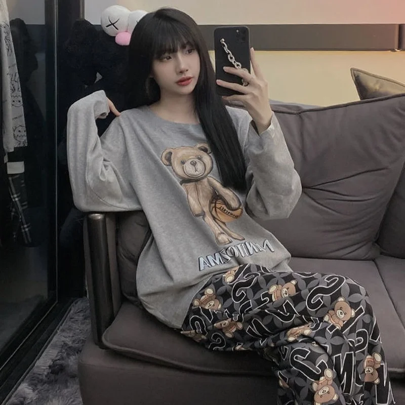 QWEEK Pajama Set Women Sleepwear Kawaii Bear Couples Pijamas Spring Autumn Nightwear Same Style for Men and Female Loose Pyjamas