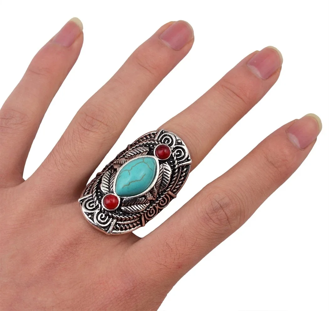 

Ethnic Vintage Engraved Leaf Pattern Rings for Women Turquoise Opening Adjustable Finger Ring Wedding Jewelry anillos mujer