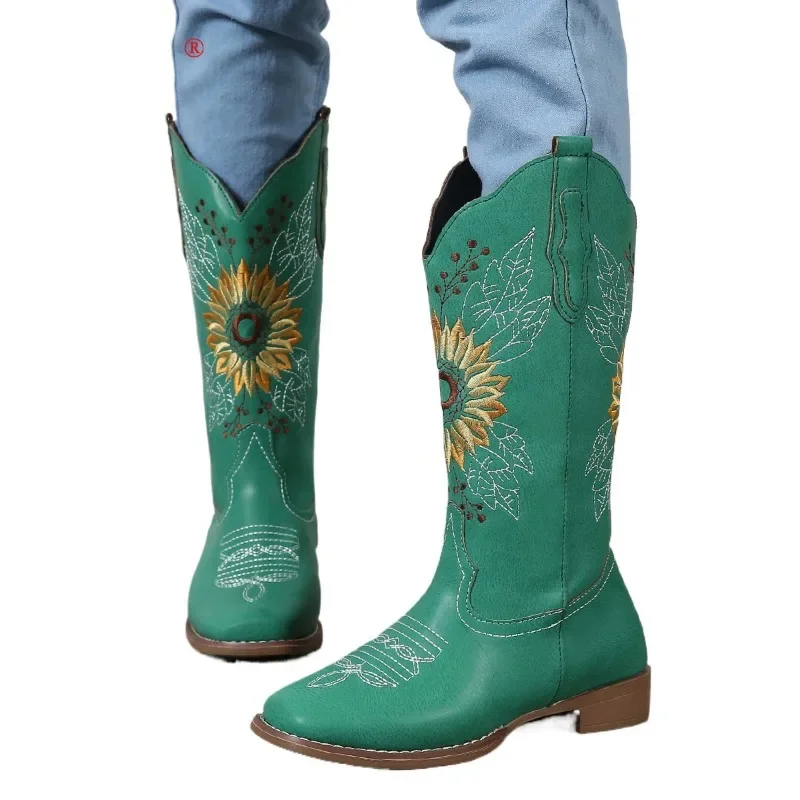 Новые женские ковбойские сапоги кофейно-коричневого цвета с вышивкой из