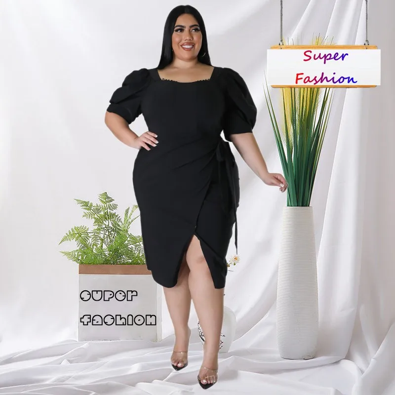 

WSFEC XL-5XL Plus Size Dresses Women Clothing Summer 2023 New Short Sleeve Bandage Split Casual Elegant Midi Dress Dropshipping