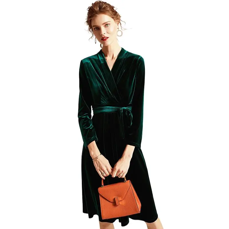 

Женское бархатное платье с V-образным вырезом, большого размера