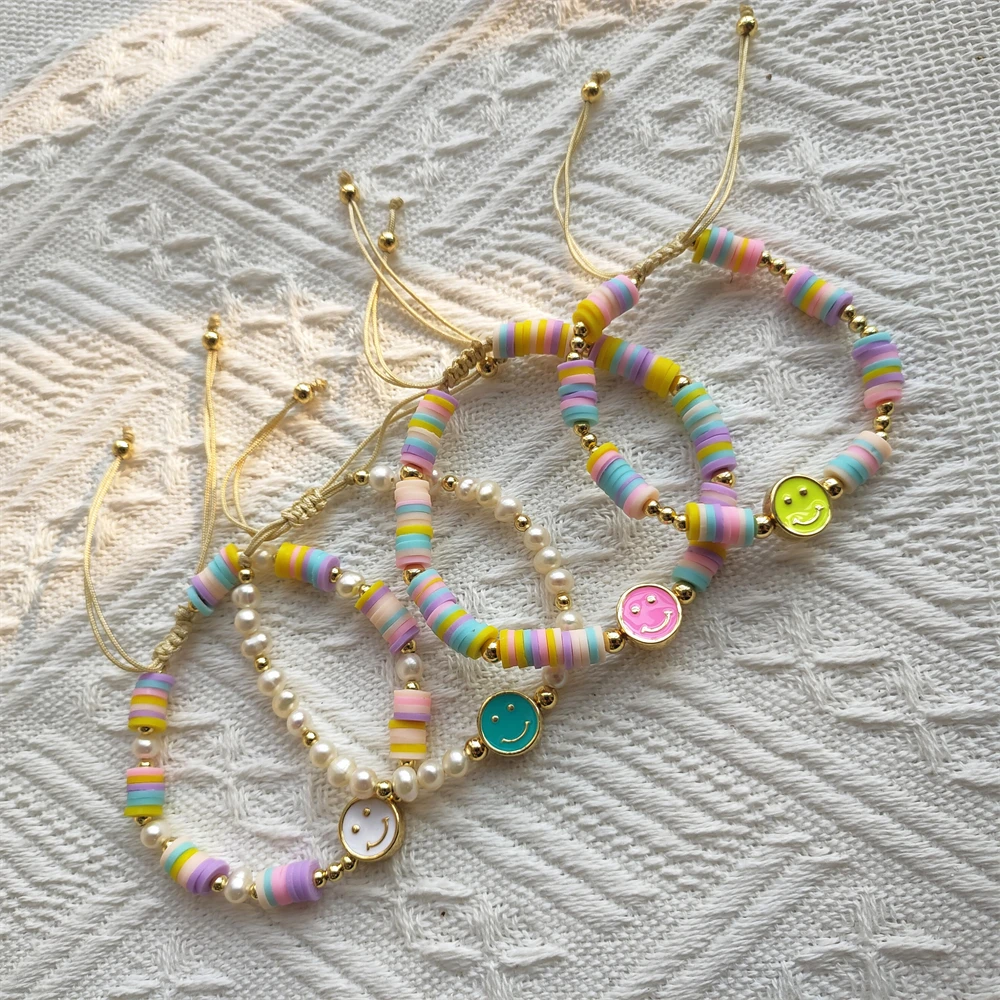 

KKBEAD Enamel Charm Smiley Face Bracelets Natural Pearls Heishi Bracelets Bohemia Jewelry for Women Polymer Clay Beads Pulseras