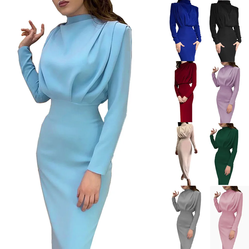 

New Full-length Dress Autumn 2022 Fashion Temperament Waist, Foreign Style, Solid Color Pleated Slim Long-sleeved Dress Vestidos