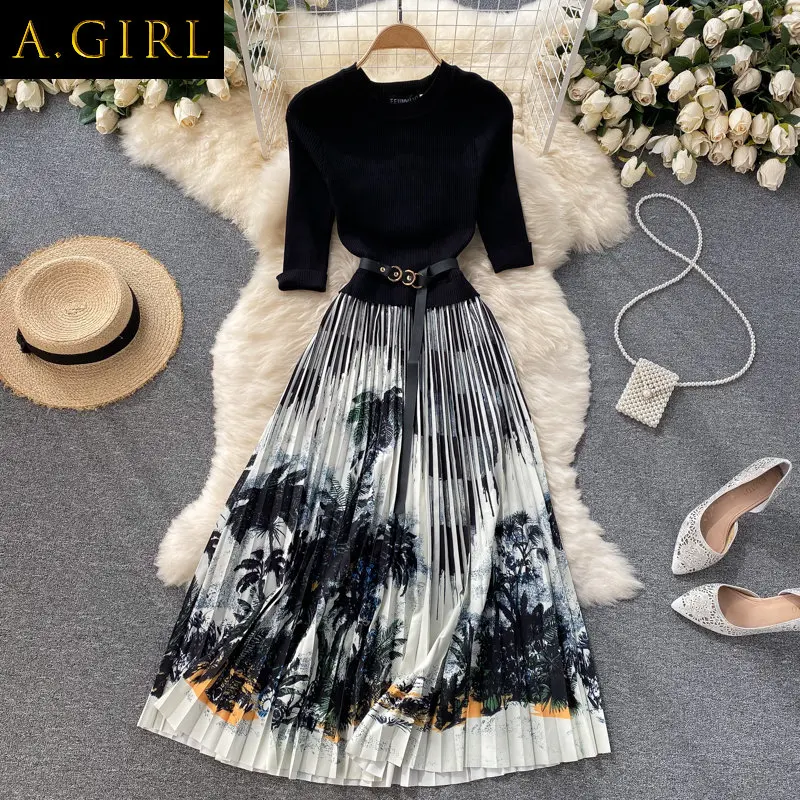 

A GIRLS Women Summer Sweater Knitted Patchwork Pleated Dresses Floral Print Short Sleeve Office Work Midi Dress N77048