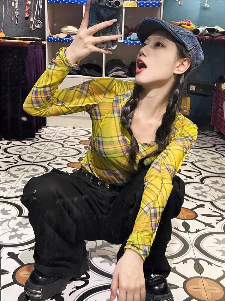 Женские пикантные сетчатые Прозрачные топы в желтую клетку Y2k модные укороченные
