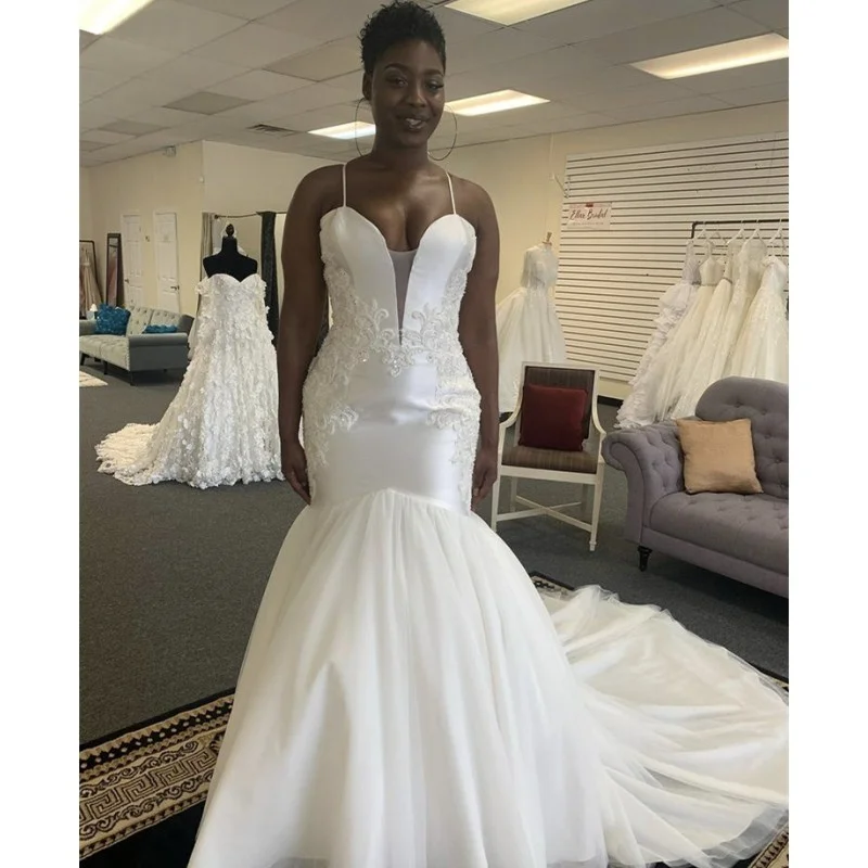 

KapokDressy Chic Sweetheart Spaghetti Straps High Quality Satin Lace Mermaid Wedding Dresses With Lace Up Back vestido de noiva