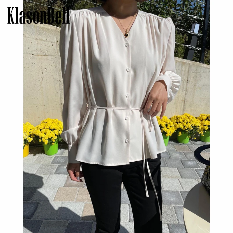 

12.24 KlasonBell Elegant Fashion V-Neck Puff Sleeve With Belt Silk Shirt Women