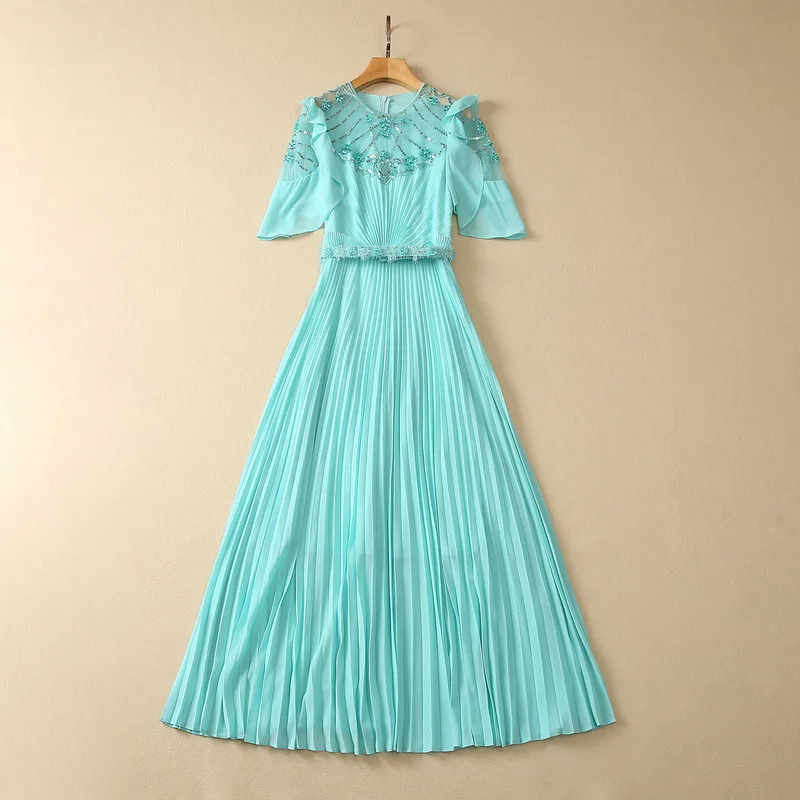 European and American women's dress 2023 summer new style Short-sleeved heavy stud beads sequin blue Fashion Pleated Belt dress