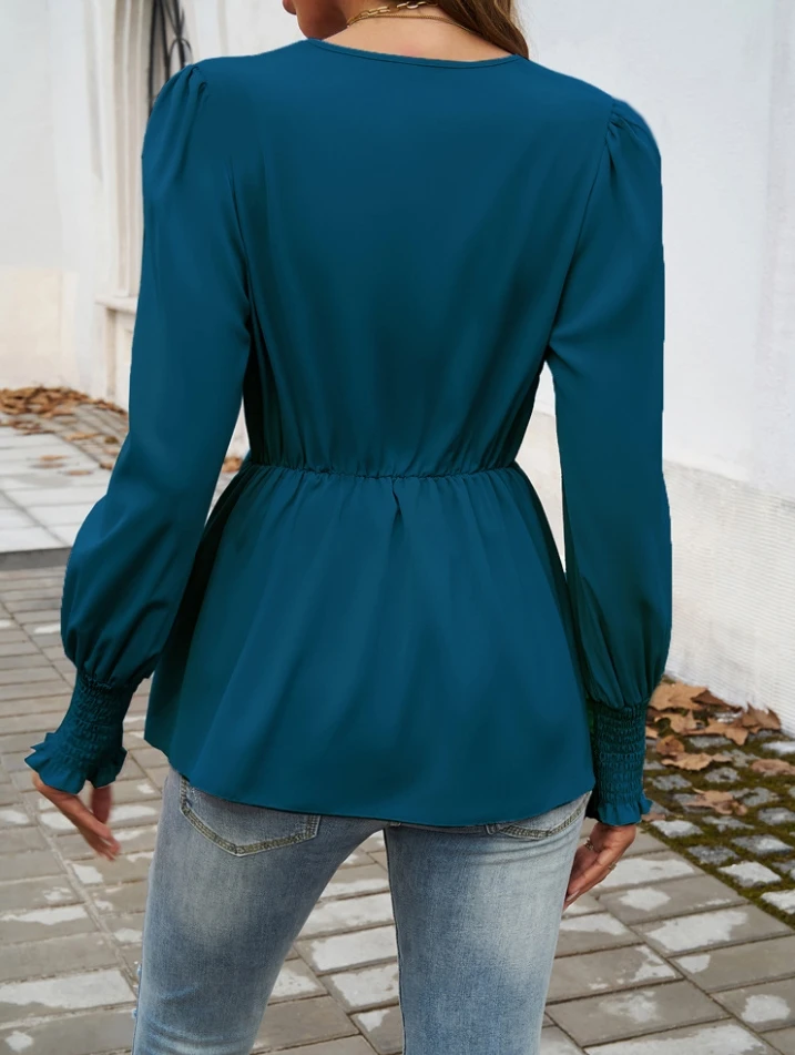 Женская блузка с V-образным вырезом Однотонная рубашка длинным рукавом пуловер в