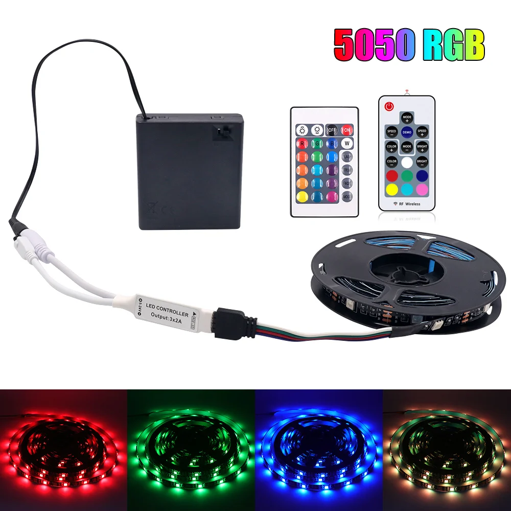 5V LED Strip Light 5050 RGB LED Lights 4AA Battery Powered Flexible Ribbon Diode Tape 30Leds/m Remote Control TV Backlights