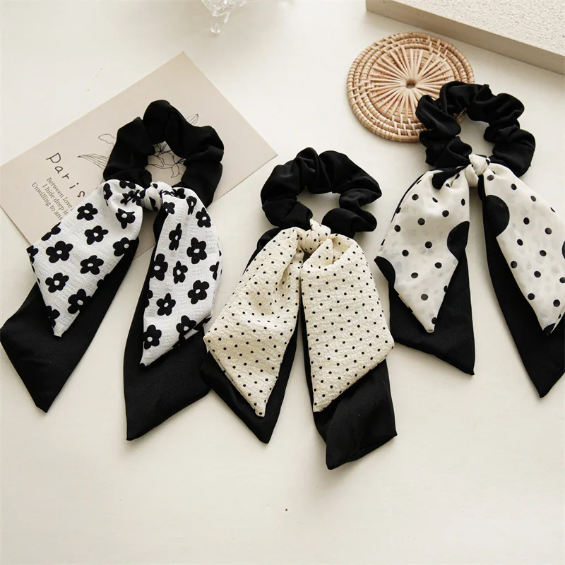 

Black Series Bow Scrunchies Dots Floral Elastic Hair Bands Girls Hair Ties Long Ribbon Ponytail Holder Sweet Headwear Hair Ropes