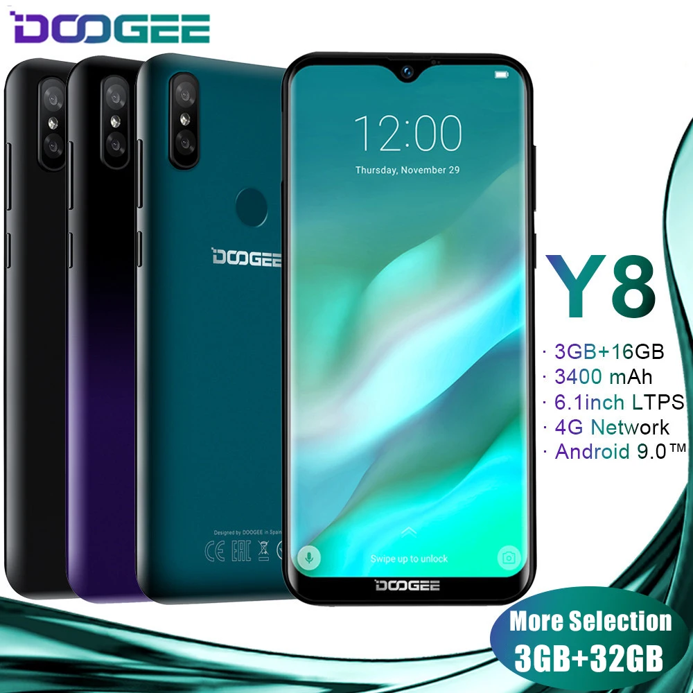 Original Doogee Y8 Android 9.0 Waterdrop Screen Smartphone Gradient Back Cover 3+32GB 3400mAh 4G LET 19:9 6.1 HD Mobile Phones