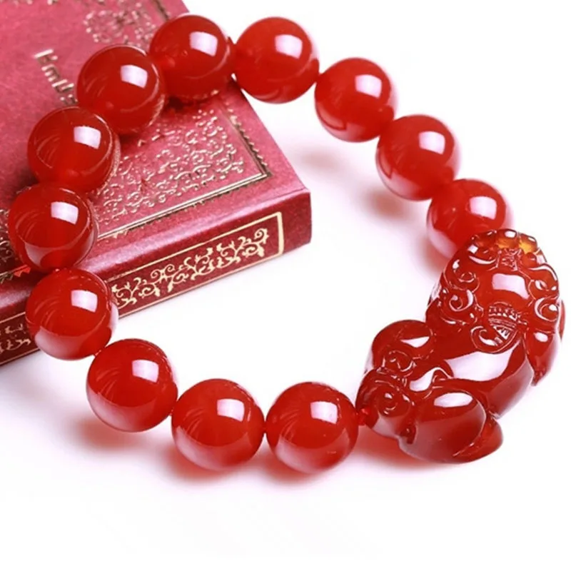 

Натуральный Красный Нефритовый Браслет Pixiu Pulsera фэн-шуй для мужчин и женщин, лечебные украшения, сердолические бусины, эластичные бусины, бр...