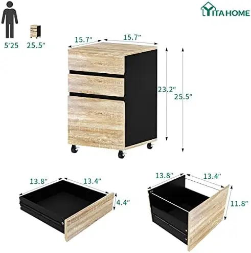 

Drawer Mobile File Cabinet, Wood Filing Cabinet for Home Office Fits A4 or Letter Size, Under Desk Rolling Storage Cabinet with