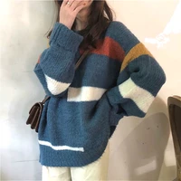 fall female fashion all match o neck sweet knitwear korean blue streetwear winter women patchwork pullovers long sleeve sweaters