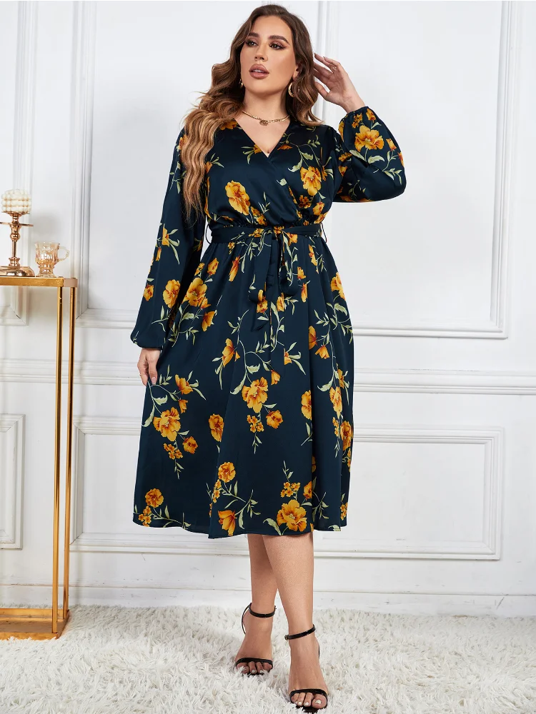 Printed loose temperament slim V-neck high waist long sleeve dress plus size women clothing party dresses