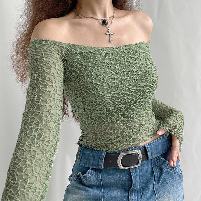 

Y2K 90s Knitted Tassel Women Tops Tee Harajuku Long Sleeves Aesthetic Hollow Out Sexy Slim Outfits Summer Chic Cropped Tshirts