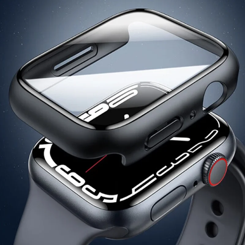 

Закаленное стекло + крышка для Apple Watch аксессуары 44 мм 40 мм 45 мм 41 мм 42 мм Защитная пленка для экрана Apple watch чехол Series 3 4 5 6 SE 7 8