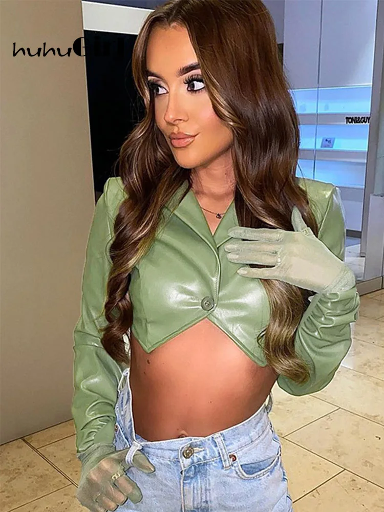 

Huhugirl Autumn PU Sexy Crop Tops Woman Jackets 2022 Button Solid Slim Fashion Streetwearr Coats Casual Female Jacket Clothings