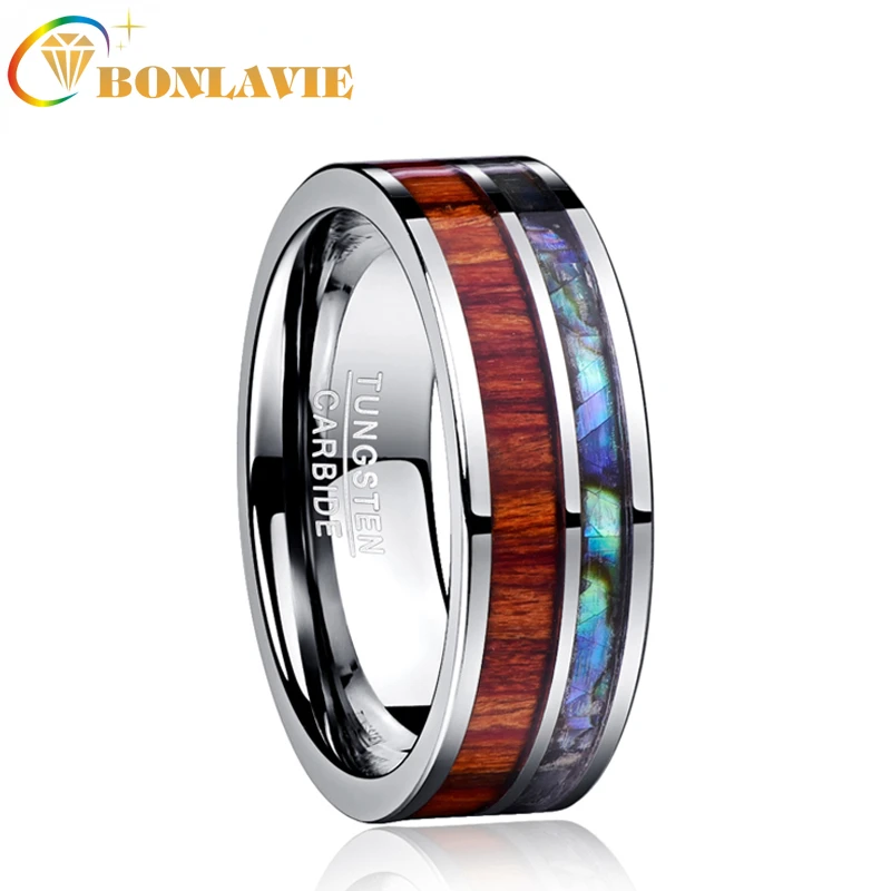 

BONLAVIE 8MM Wide Men's Ring Polished 100% Tungsten Carbide Ring Inlay Wood Grain Natural Shell Flat Edge Comfort Fit Size 7-12