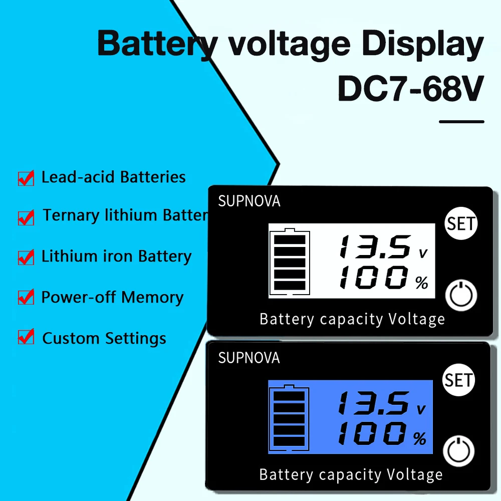 

Battery Capacity Indicator DC 7V-68V Lead Acid Lithium LiFePO4 Car Motorcycle Voltmeter Voltage Gauge