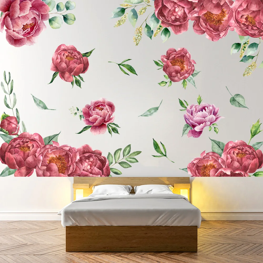 

Red Peony Flower Green Leaf Wall Sticker Living Room Bedroom Background Home Decor Sticker Nursery Girl Room Art Decal Mural