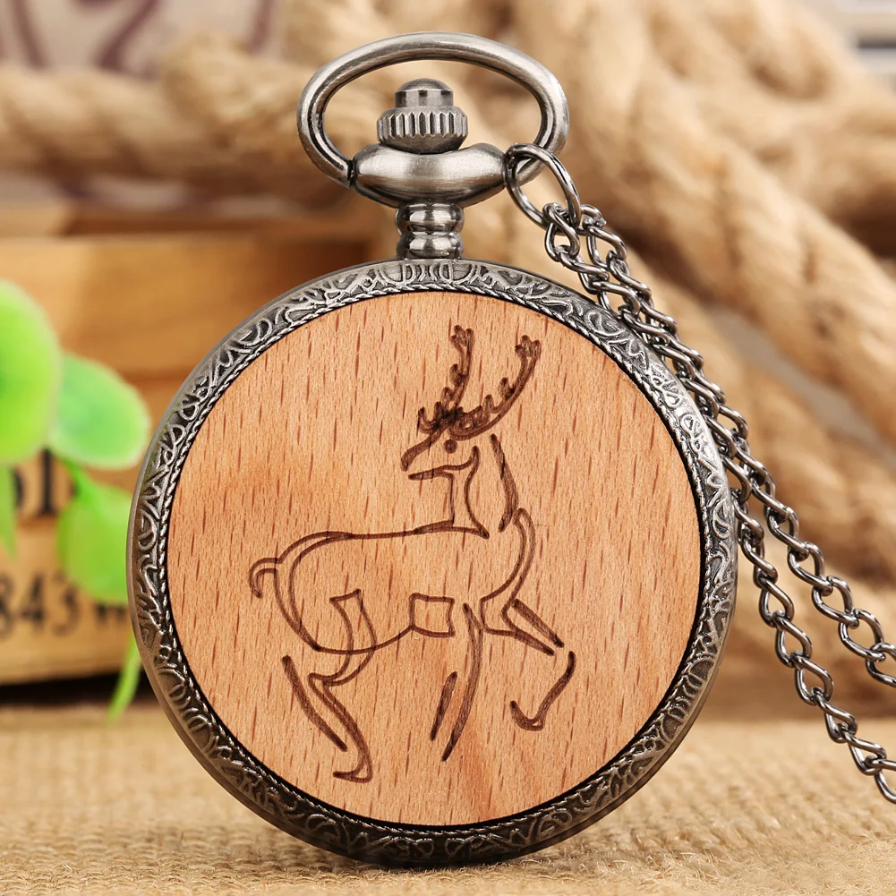 

Quartz Pendant Pocket Watch Elk Pattern Fine Chain Beech Small Wood Chips Cover Pocket Watches Necklace Clock Gift for Men Women