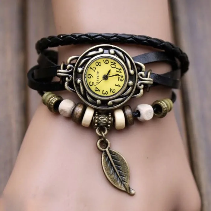 

Часы наручные Reloj Hombre для мужчин и женщин, лидер продаж, ВИНТАЖНЫЕ КВАРЦЕВЫЕ, с плетеным браслетом, с кожаным ремешком, с бусинами в виде листьев