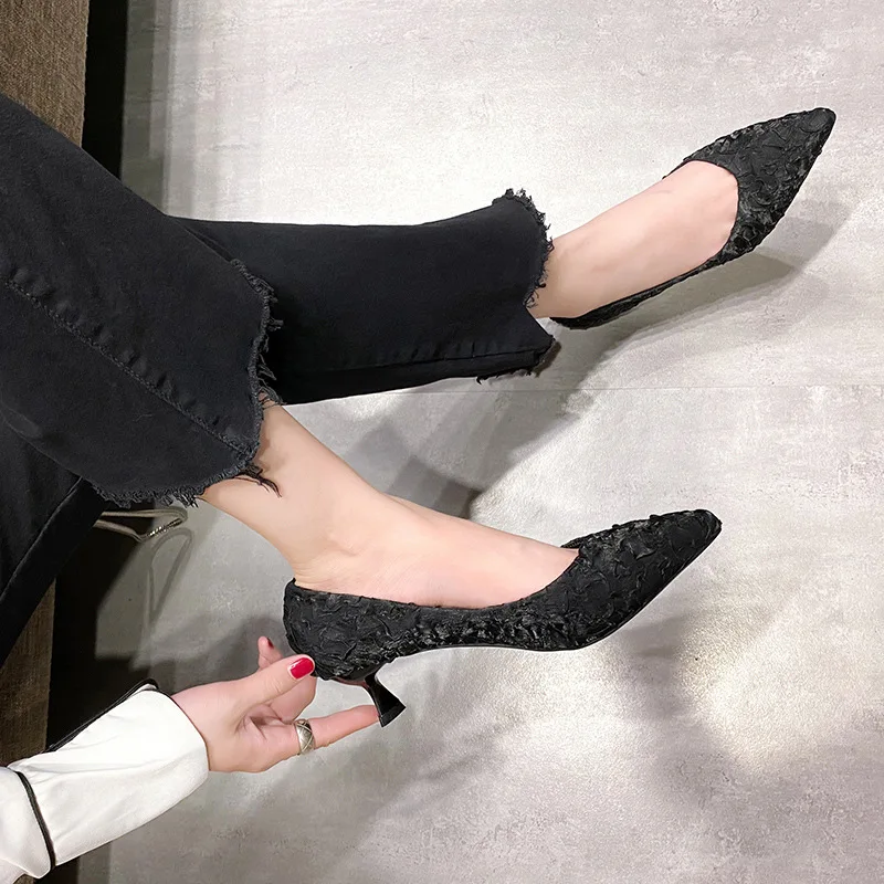 

2022 Beige High Heels Women Shoes Shallow Mouth Fine Heeled Shoes Stiletto Slides Rubber Thin Cotton Pumps Women Shoes Luxury