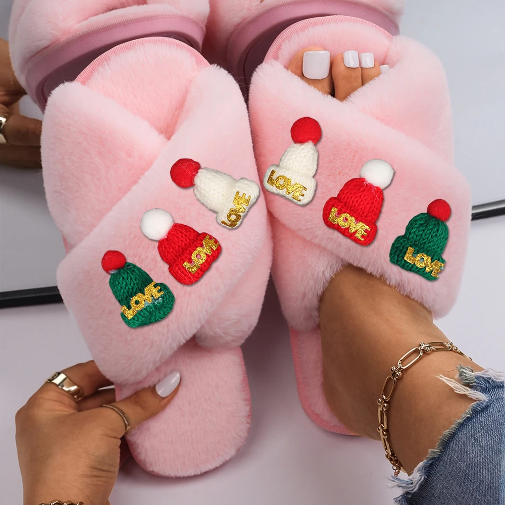Slippers Women Fluffy Slides Cute Christmas Beanie Sandals Ladies Faux Fur Flip Flops Flat Indoor Slippers Furry Shoes 2022 New