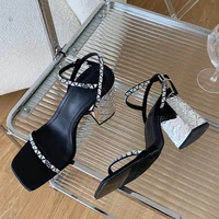 2022 new summer woman elegant party dress crystal sandals women open toe ankle buckle strap square block shoes lady high heels