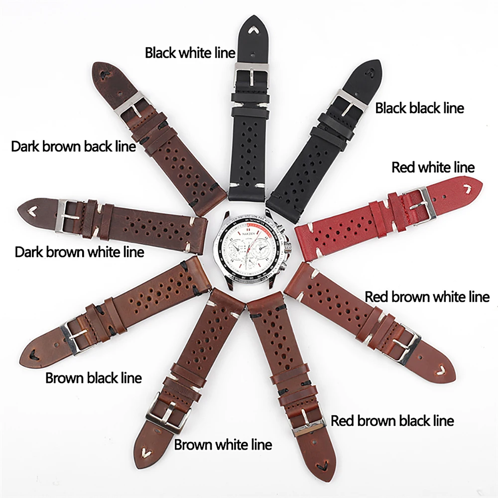 Retro Genuine Leather Watchband 18mm 20mm 22mm 24mm Calfskin Watch Straps Porous Breathable Handmade Stitching for Men