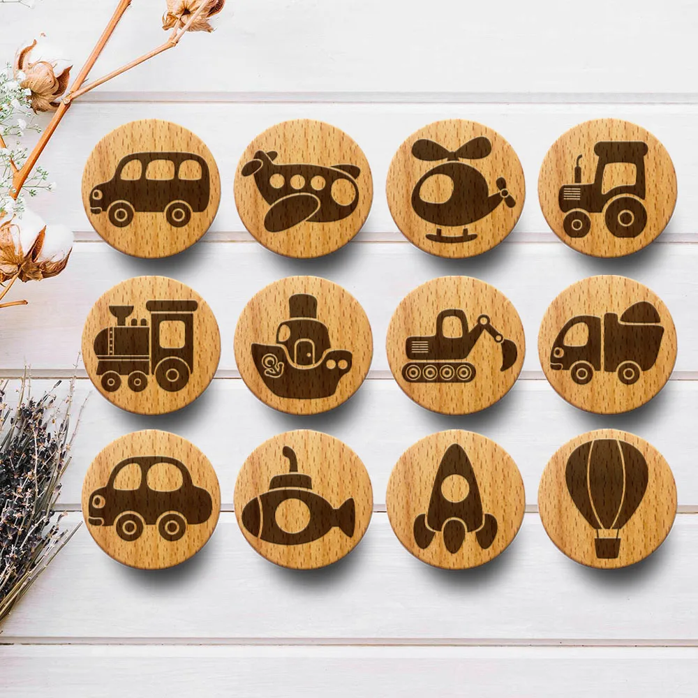 

New Cool Engraved Vehicle Wooden Drawer Knob Boho Nursery Cabinet Pulls Nature Wood Coat Hook Children's Room Furniture Handles