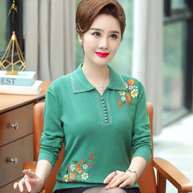 

Middle-aged Women Sweater Pullover Mother Clothes New Fashion Embroidery Lapel Long-sleeved Knitted Sweater Jumper L-5XL E513