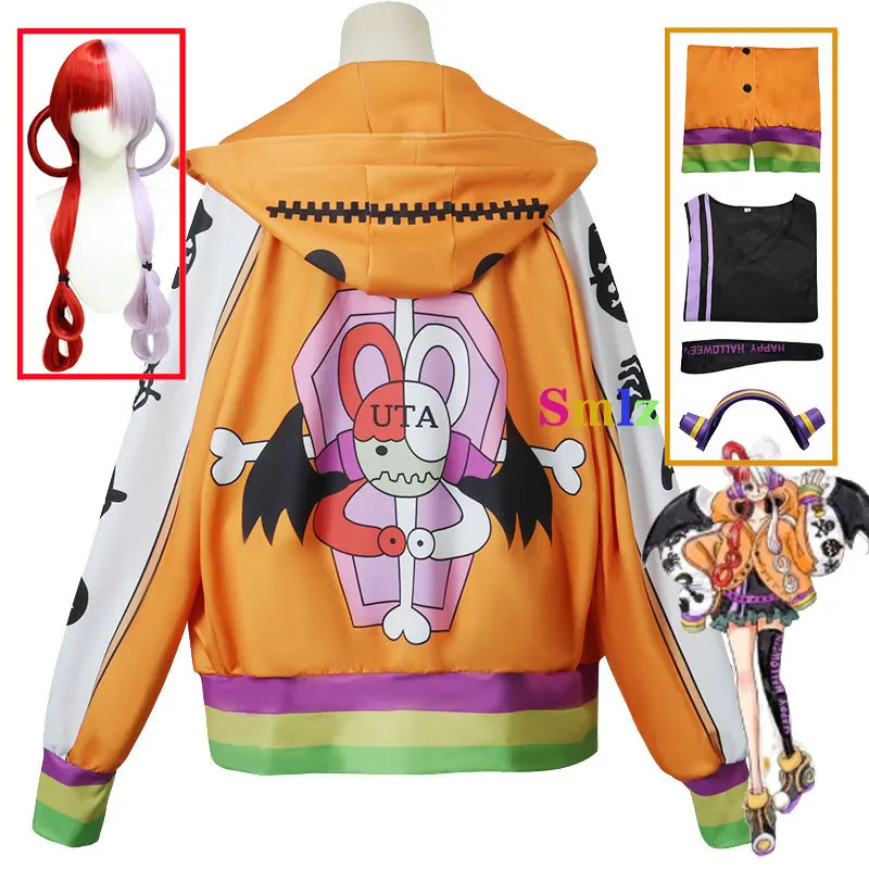 

Halloween Uta Cosplay Anime Costume Film Red Uta Hooded Hoode Jackets Orange Outfit Costume Wig