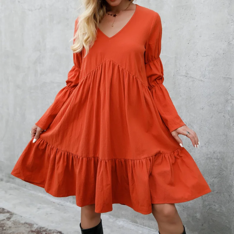 

YEMOGGY Bohemian Women's Loose Dresses for Fall V-neck Ruffle Swing Solid Full Sleeve Mini A-line Dress for Women Autumn Dresses