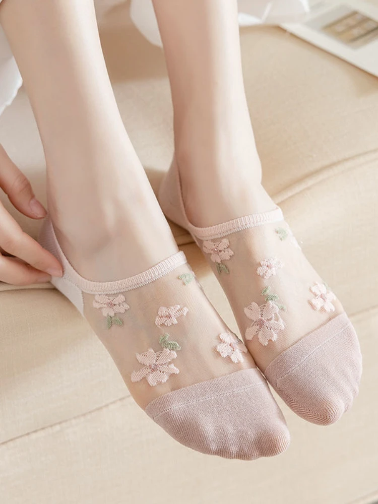 

5 носков, женские летние тонкие прозрачные чулки, милые Нескользящие невидимые носки для японских студентов, не осыпают с пятки