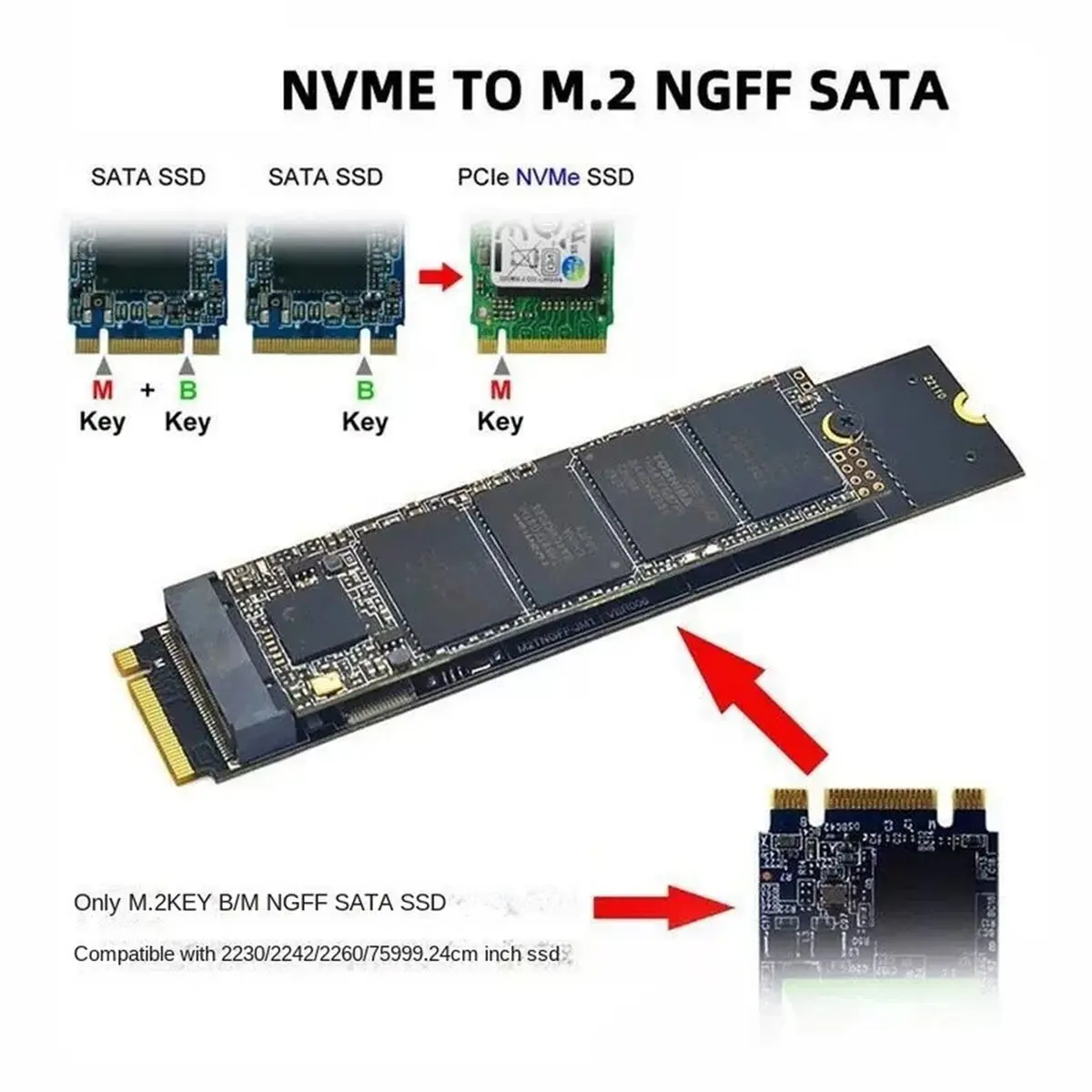 Фото Адаптер M.2 NVME на M.2 SATA SSD, переходник с ключа M на ключ B+M, карта-адаптер M2 с чипом JMB582 для SSD M.2 SATA форматов 2230, 2242, 2260, 2280. №2