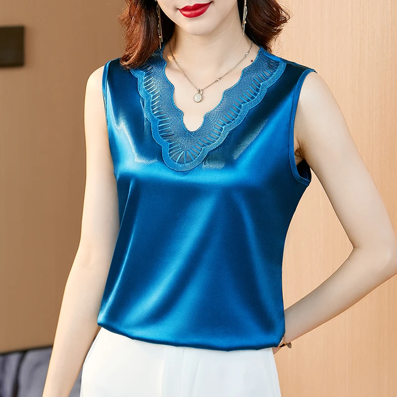 

2022 Fashion Satin Women's Blouses Solid Silk Camisole Sleeveless Summer Ladies Tops Lace V-Neck Basic OL Tanks Top Sexy Blouse
