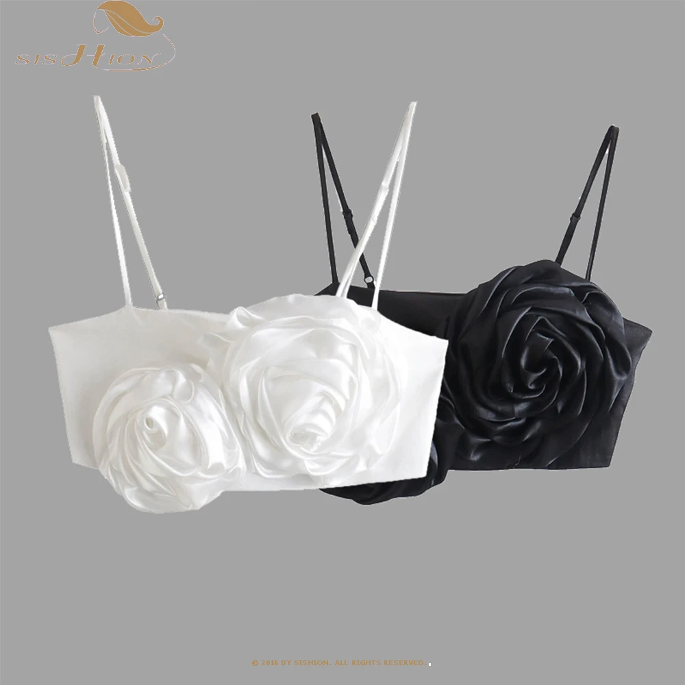 

2023 Summer New Women Fashion Top with Raised Flowers Chic Lady Crop Top Sexy Camis White Black Corset Top Female Camisole SR862