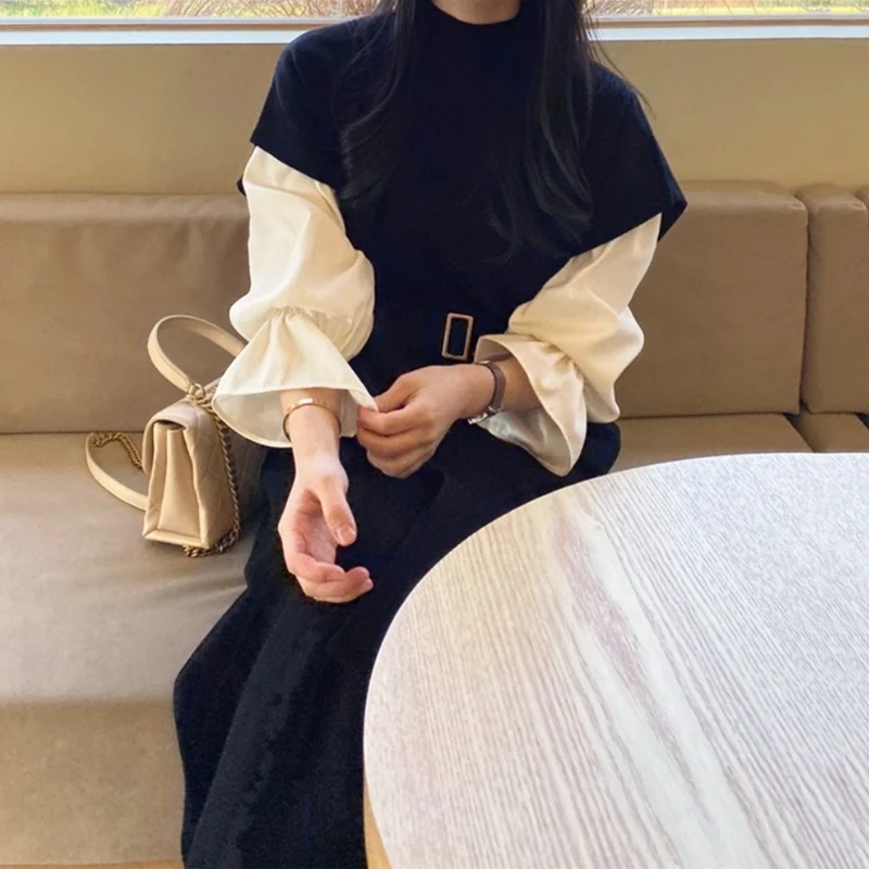 

Woherb Knitted Tank Dress Women Korean Chic Eleant Maxi Long Dresses Solid Vest Robe 2022 Autumn Office Lady Vestido De Mujer