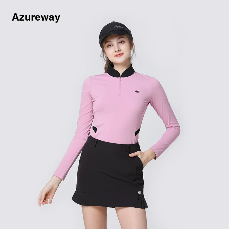 Azureway Golf Autumn Winter Long Sleeve T-shirt Ladies Suit Stand Collar Golf Top Short Skirt Women's A-line Skort Sportswear