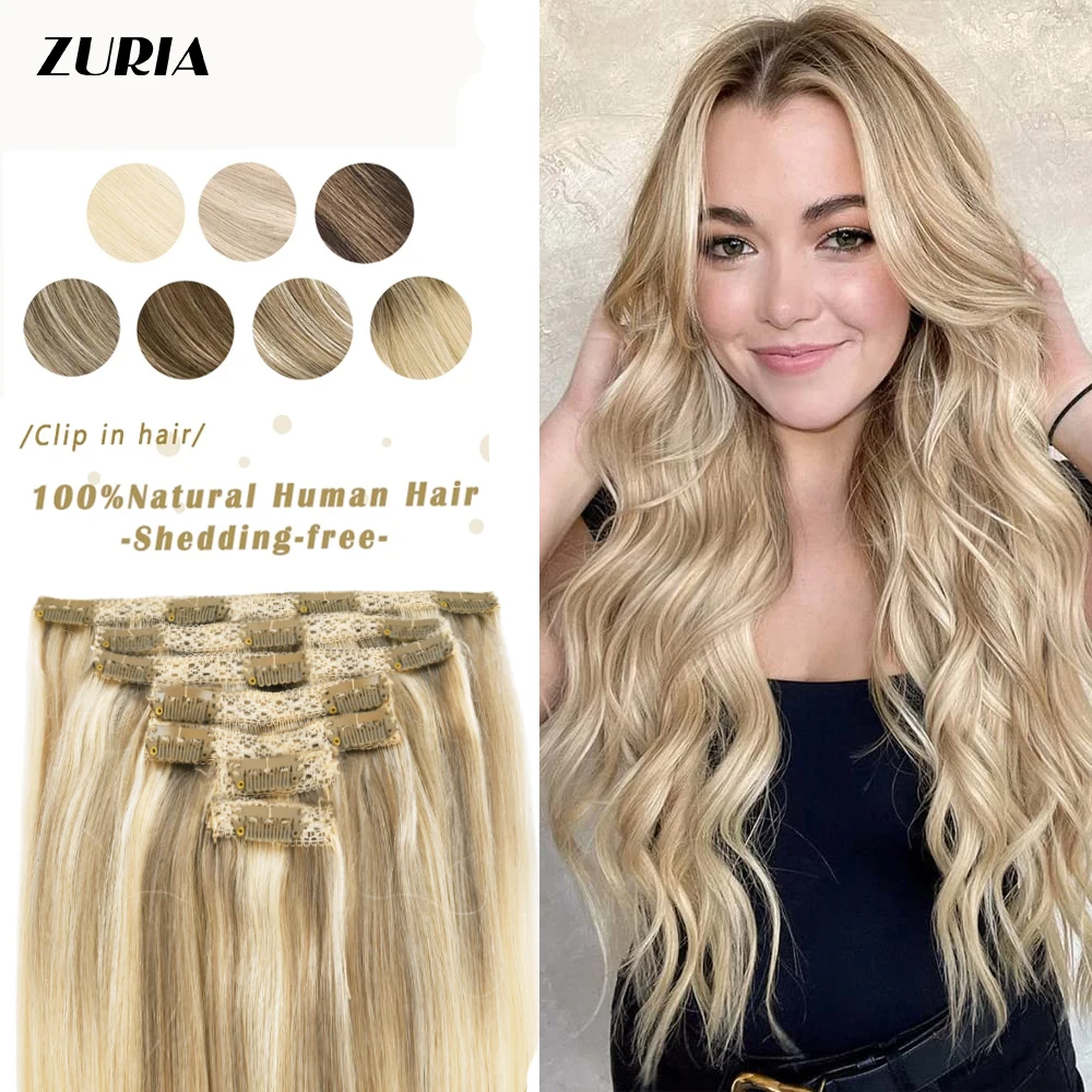 ZURIA Lace Clip In Human Hair Extensions Full Shine Straight Natural Wigs 100% Machine Remy Hairpins 16-24inch 7pcs/set For Wome