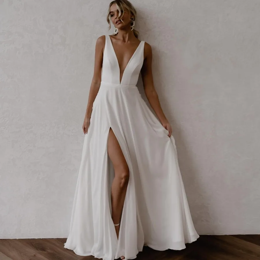 

Индивидуальное шифоновое свадебное платье А-силуэта с V-образным вырезом и высоким разрезом в пол, сексуальное простое платье невесты для ж...